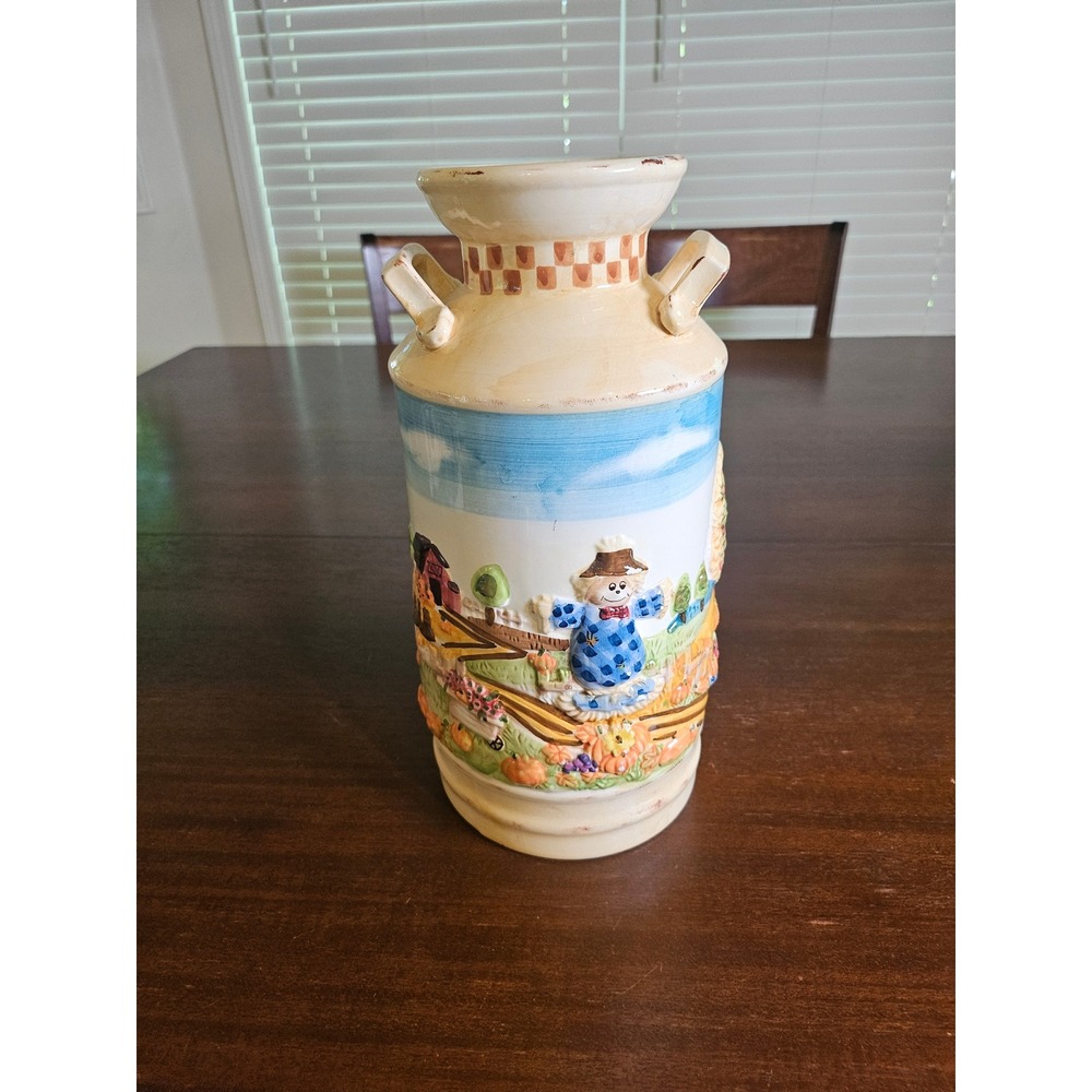 Ceramic Milk Can Vase Harvest Scarecrow Barn 12in Multicolor Relief